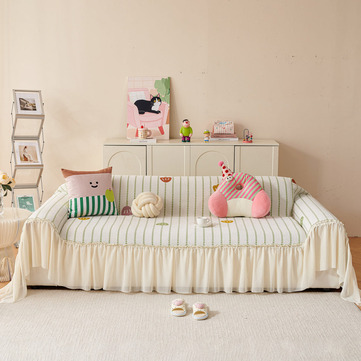 Cute Dotted Stripe Couch Protector, Non-Slip Washable Sofa Cover with Ruffled Skirt