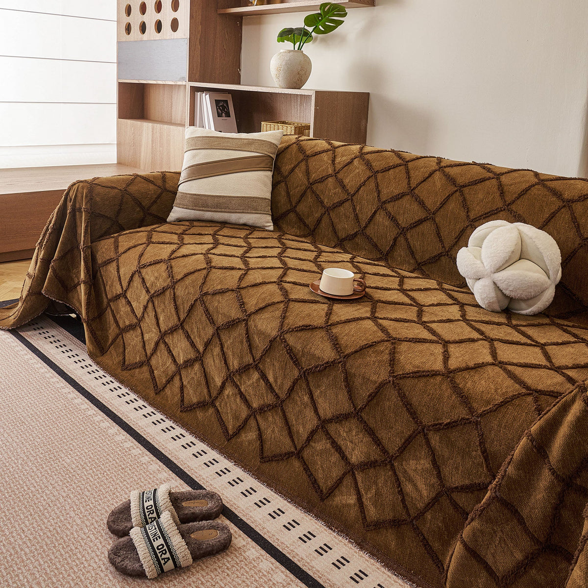 Soft Chenille Sofa Throw Cover, Raised Geometric Texture Furniture Protector Blanket