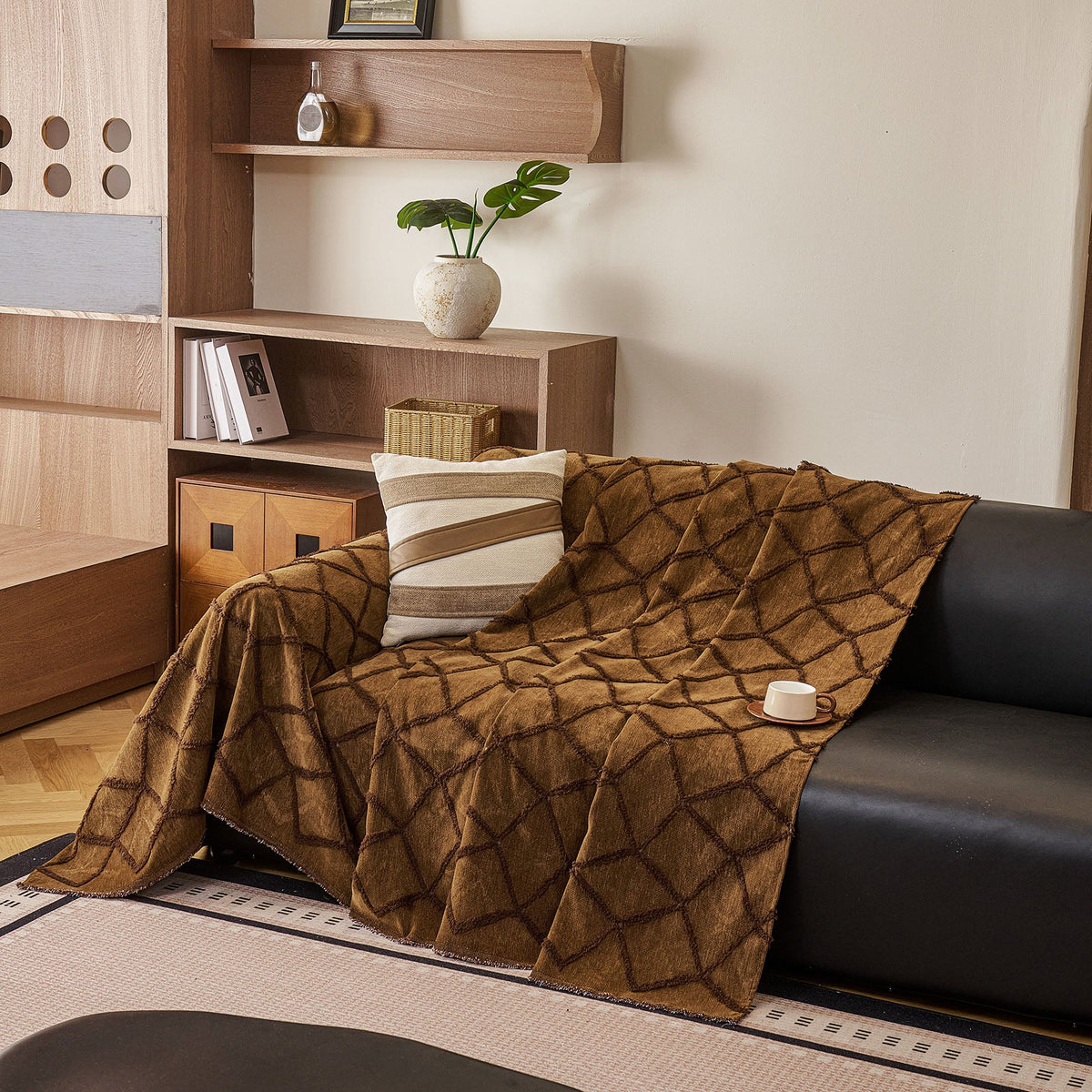 Soft Chenille Sofa Throw Cover, Raised Geometric Texture Furniture Protector Blanket