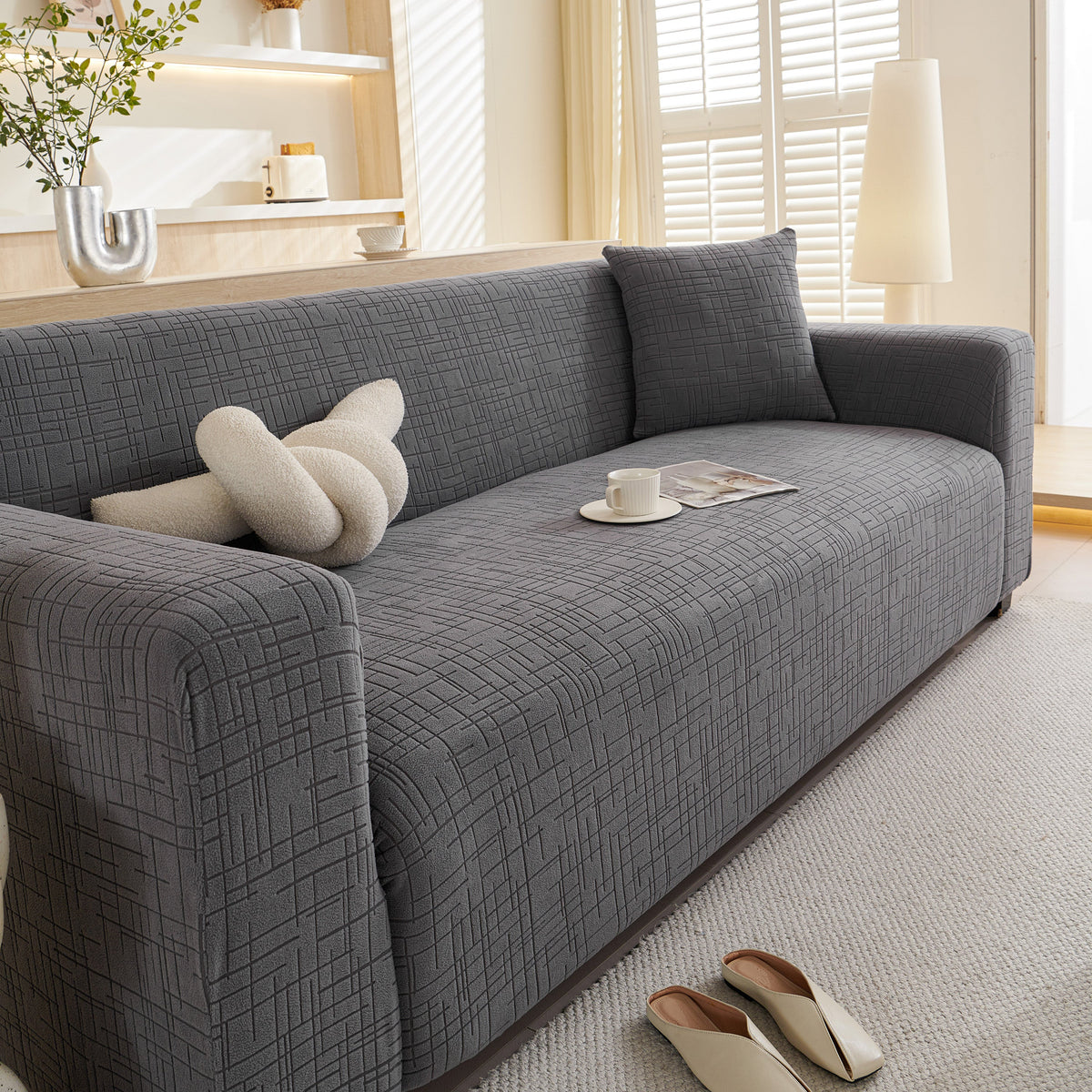 Embossed Lines Couch Covers Stretchable Non-Slip & Washable Sofa Slipcovers