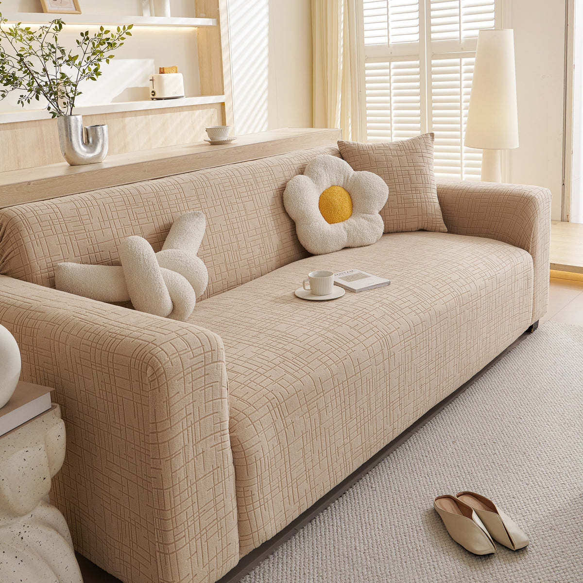 Embossed Lines Couch Covers Stretchable Non-Slip & Washable Sofa Slipcovers