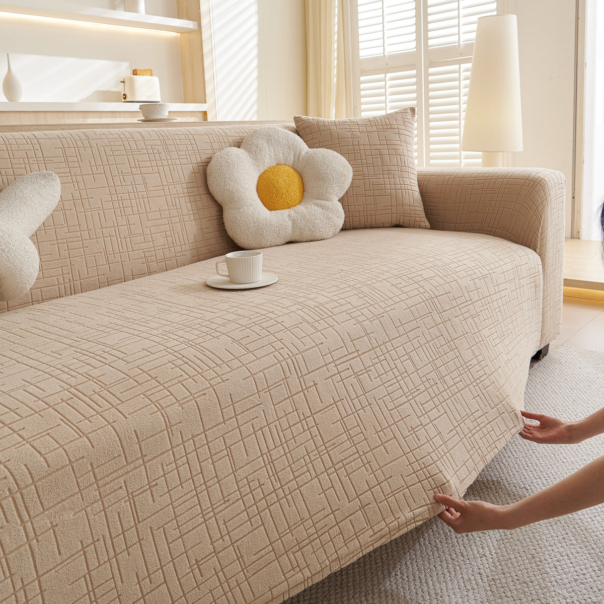 Embossed Lines Couch Covers Stretchable Non-Slip & Washable Sofa Slipcovers