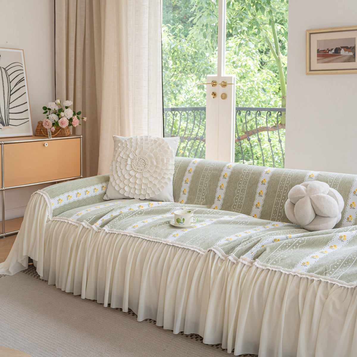 Daisy Striped Sofa Cover with Sheer Ruffle Skirt, Floral Soft Slipcover Blanket