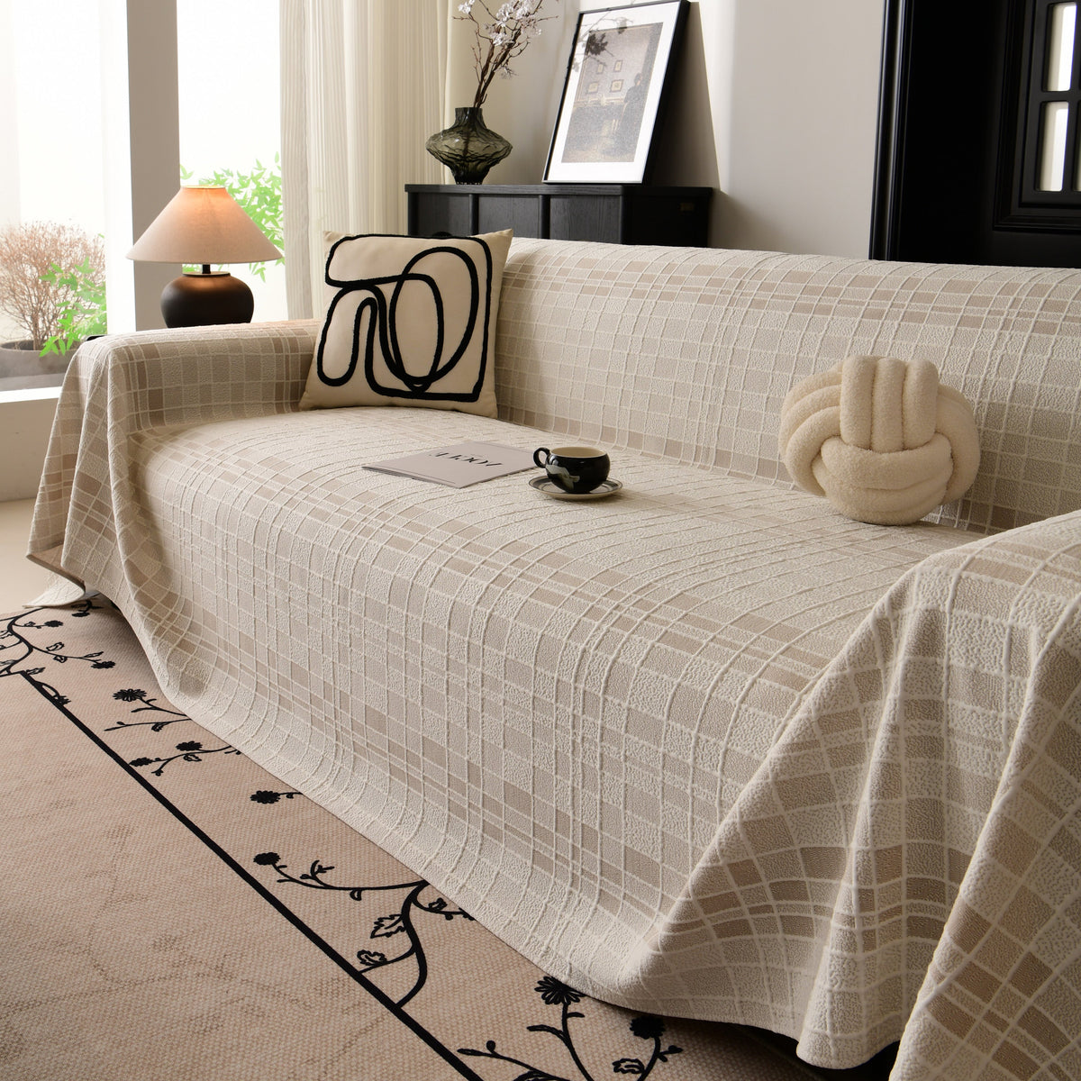 Sofa Cover Throw with Subtle Textured Stripes Lightweight Smooth Couch Slipcover