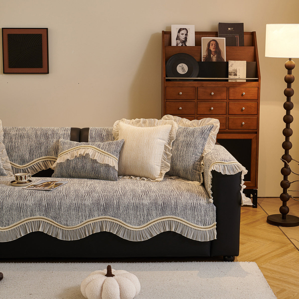 French Vintage Style Couch Cover with Skirt,  Non-Slip Sectional Furniture Covers