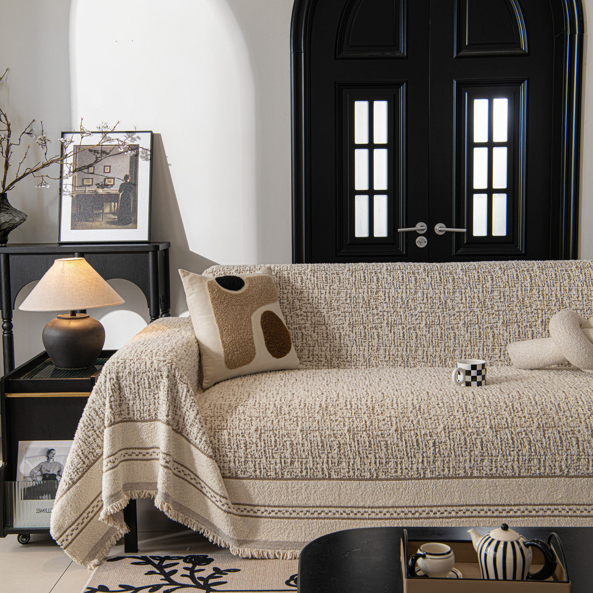 Textured Woven Furniture Protector for Couch, Rustic Farmhouse Sofa Throw Blanket