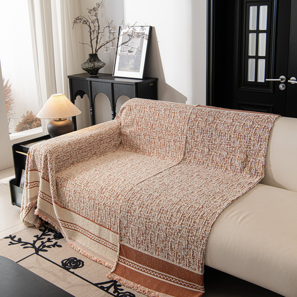 Textured Woven Furniture Protector for Couch, Rustic Farmhouse Sofa Throw Blanket