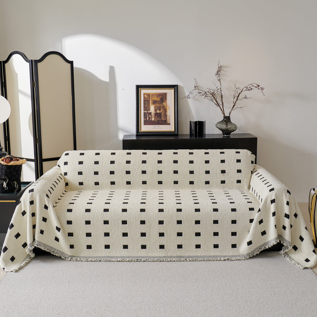 Sofa Throw Blanket with Woven Geometric Pattern & Tassels, Soft & Thick Couch Cover
