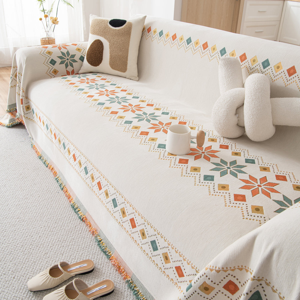 Bohemian Geometric Sofa Throw Cover, Cozy & Protective Ethnic-Inspired Couch Cover