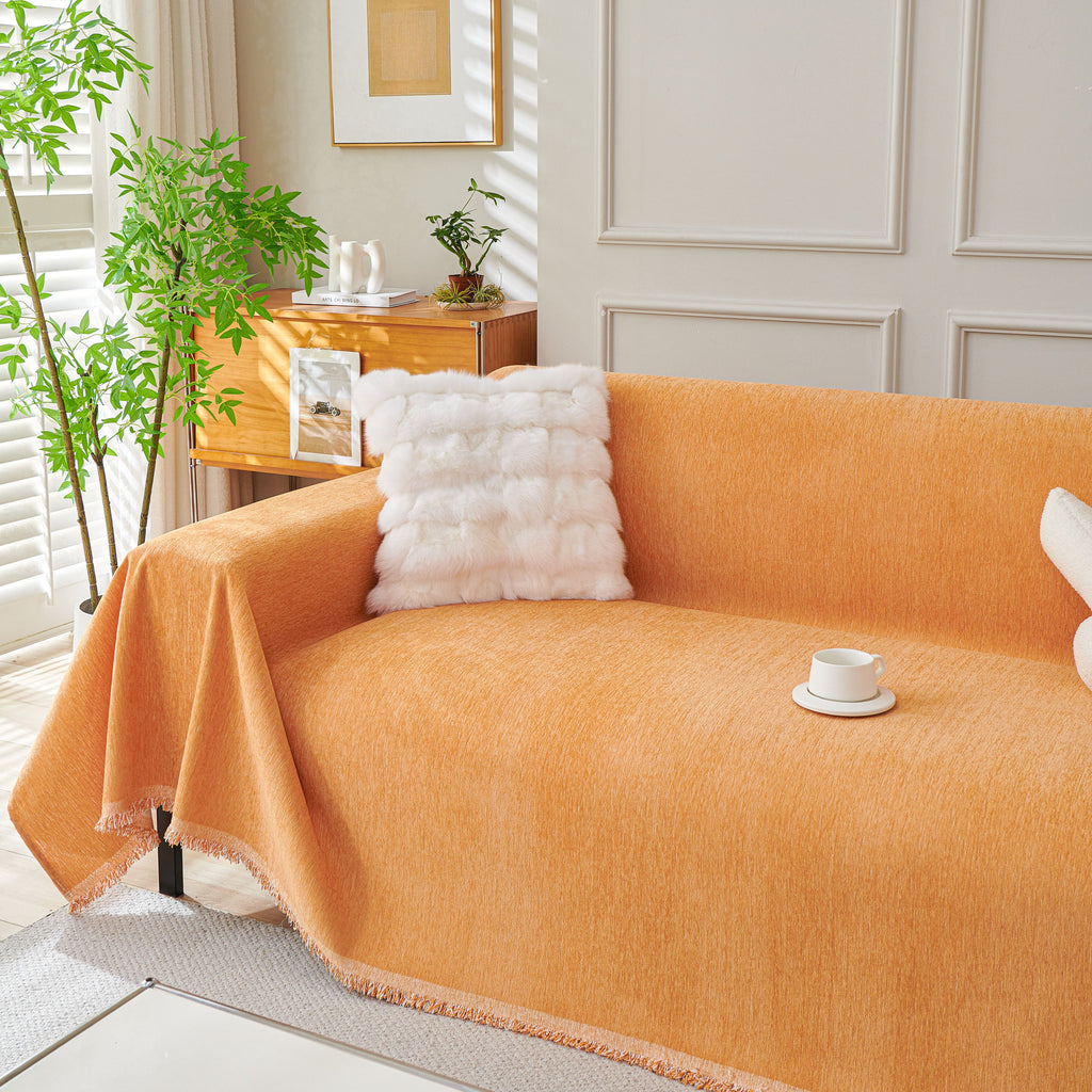Solid Color Chenille Sofa Throw Blanket, Cozy & Easy Care Fringed Furniture Protector