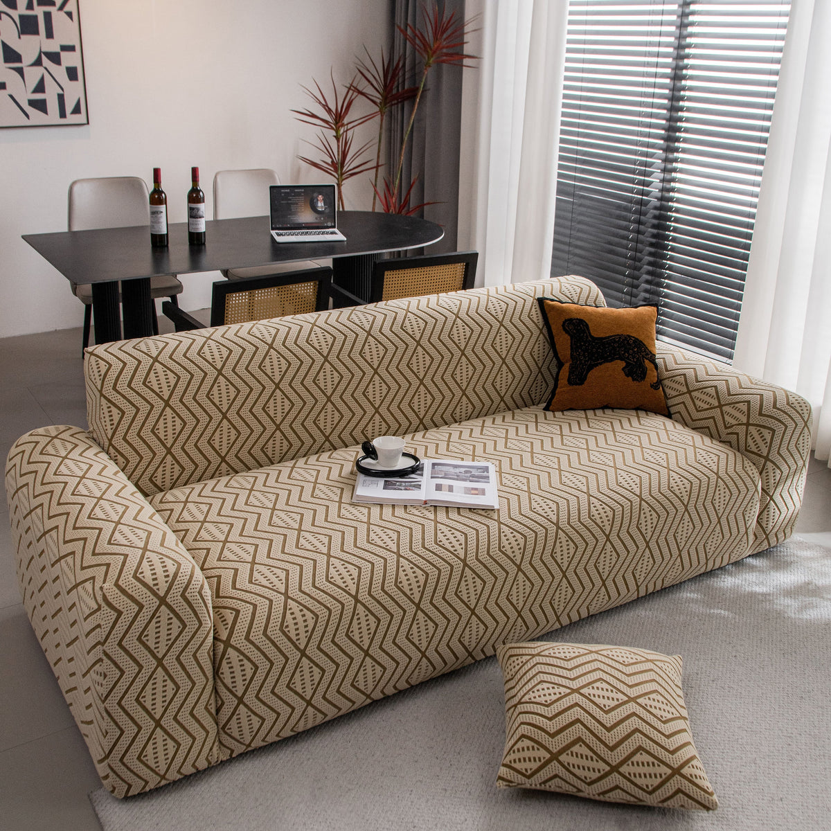 Modern Geometric Jacquard Sofa Slipcover, High Stretch 1-Piece Textured Couch Cover