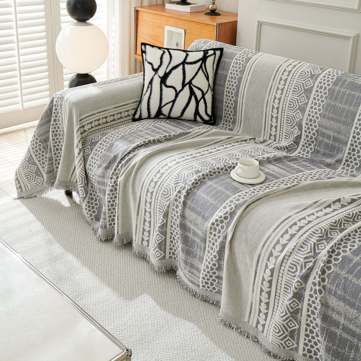 Chenille Sofa Cover Throw Blanket, Boho Geometric Scratch Proof Couch Protector