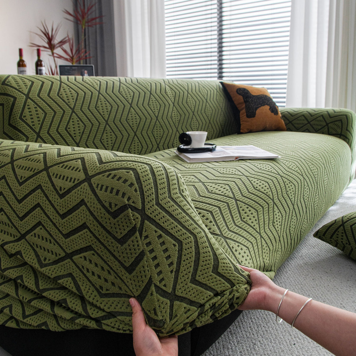 Modern Geometric Jacquard Sofa Slipcover, High Stretch 1-Piece Textured Couch Cover