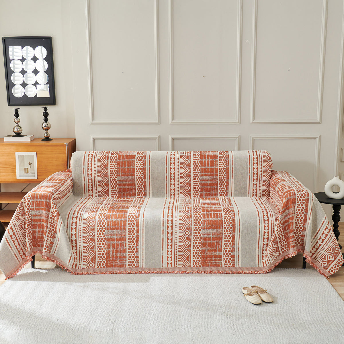 Chenille Sofa Cover Throw Blanket, Boho Geometric Scratch Proof Couch Protector