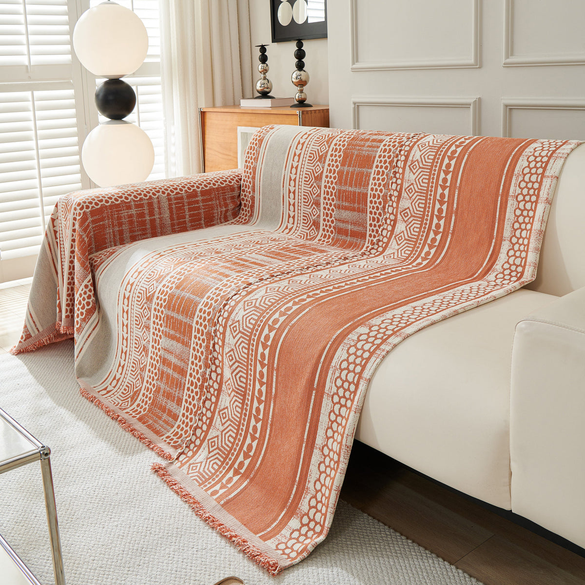 Chenille Sofa Cover Throw Blanket, Boho Geometric Scratch Proof Couch Protector