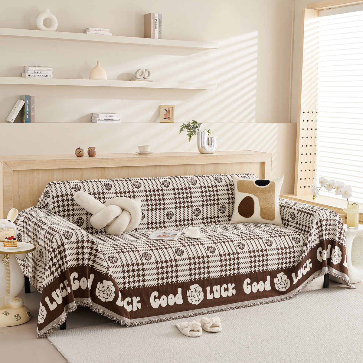 Chenille Houndstooth Sofa Throw Cover, Scratch Proof Cozy Throw Blankets for Couch