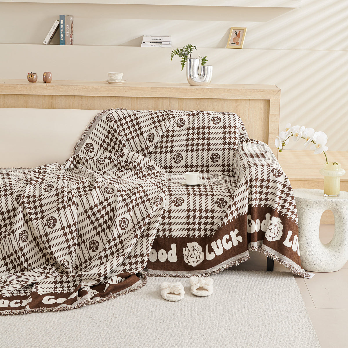 Chenille Houndstooth Sofa Throw Cover, Scratch Proof Cozy Throw Blankets for Couch