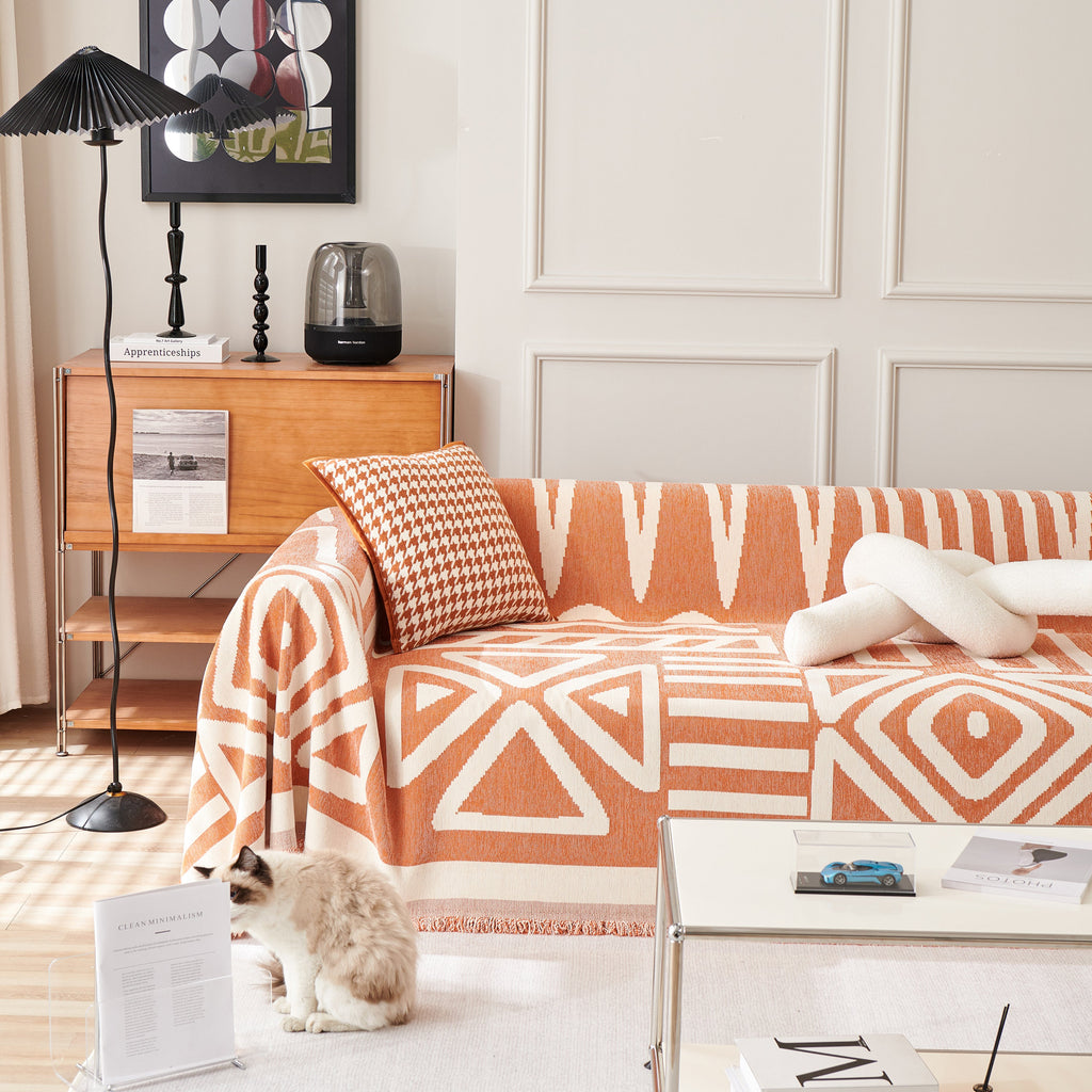 Chenille Geometric Sofa Throw Blanket, Boho Washable Furniture Throw Covers for Sofa
