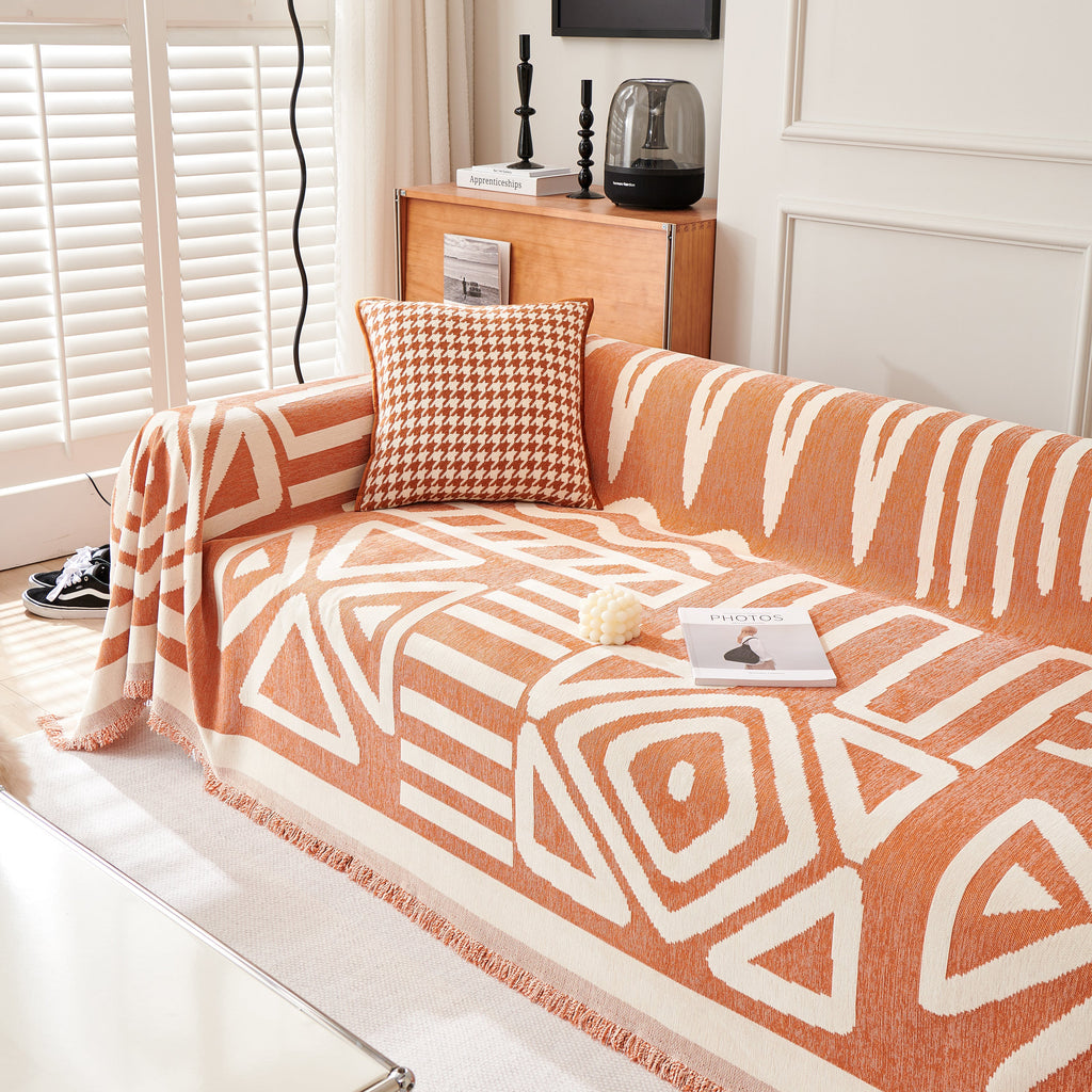 Chenille Geometric Sofa Throw Blanket, Boho Washable Furniture Throw Covers for Sofa