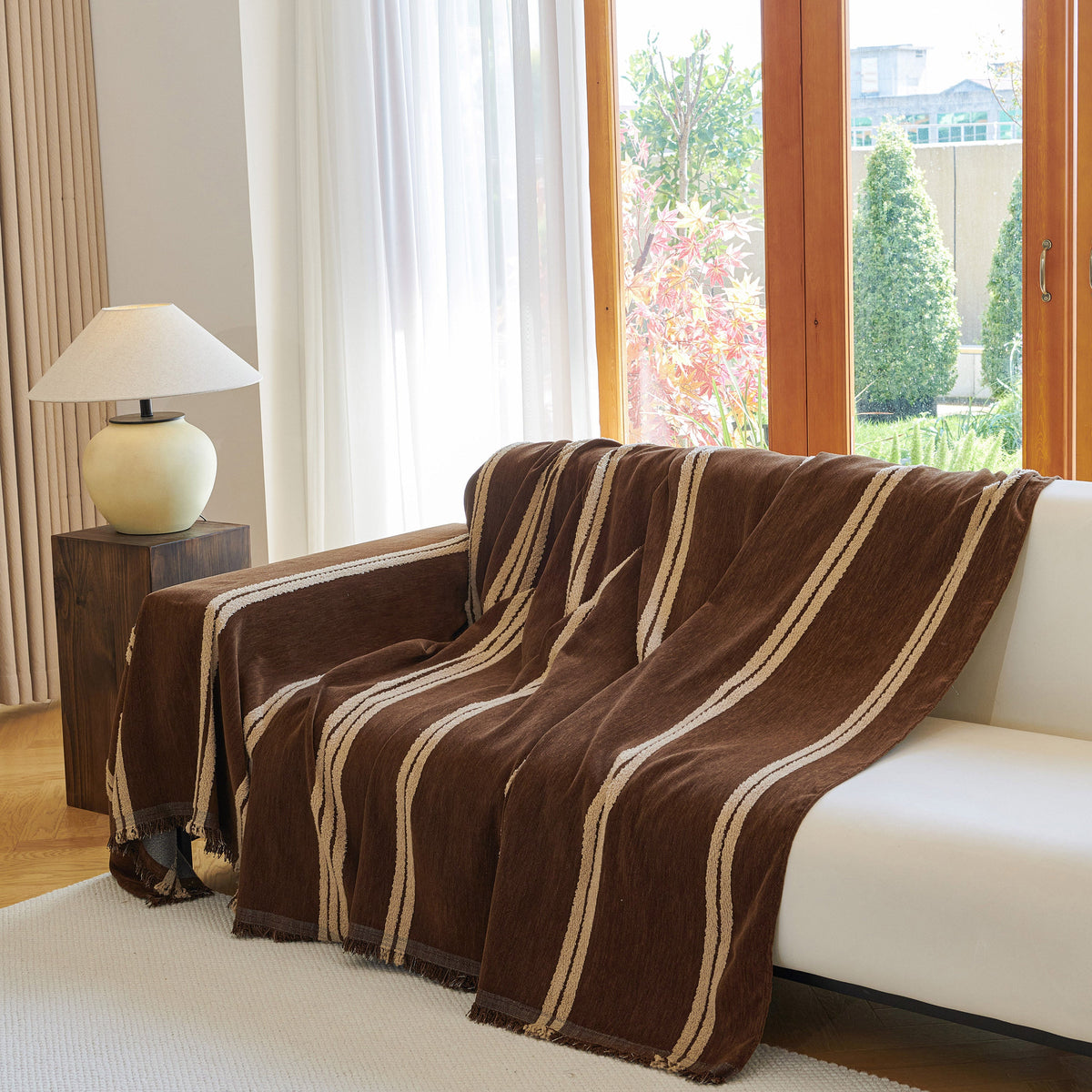 Textural Striped Chenille Sofa Covers, Boho Washable Decor Sofa Blankets Covers