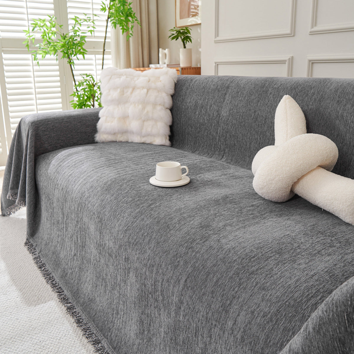 Solid Color Chenille Sofa Throw Blanket, Cozy & Easy Care Fringed Furniture Protector