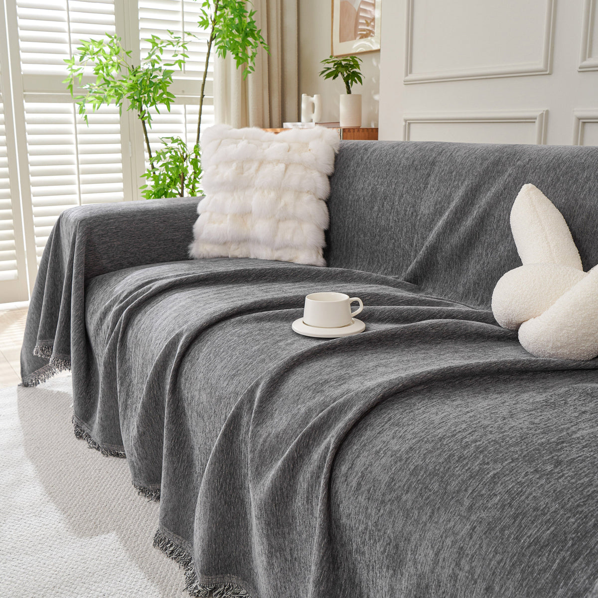 Solid Color Chenille Sofa Throw Blanket, Cozy & Easy Care Fringed Furniture Protector