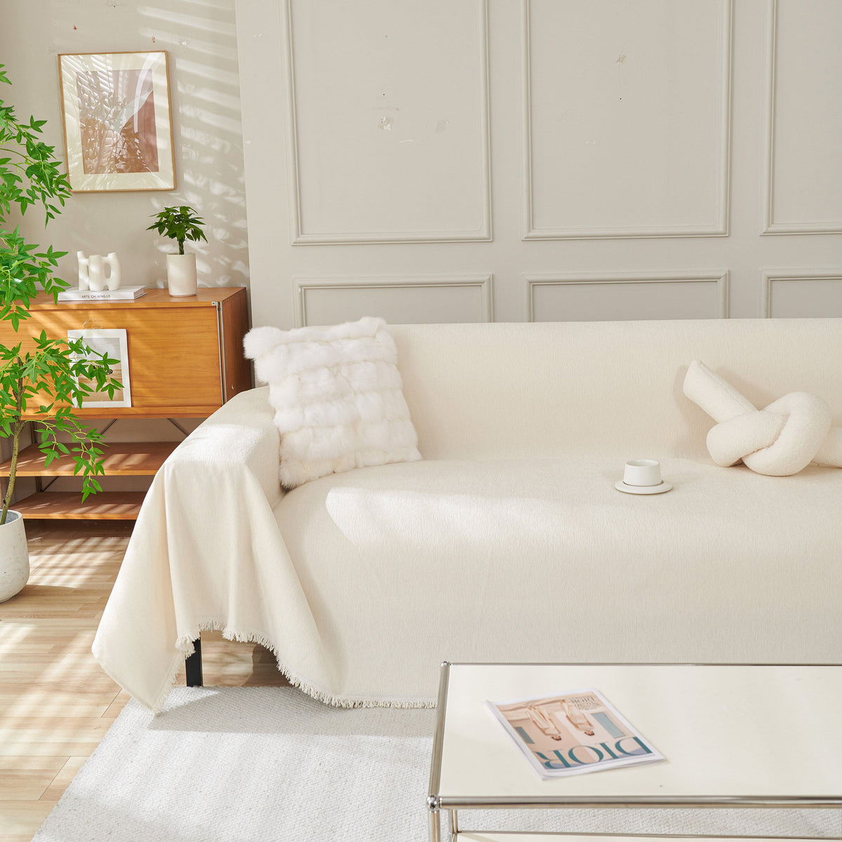 Solid Color Chenille Sofa Throw Blanket, Cozy & Easy Care Fringed Furniture Protector