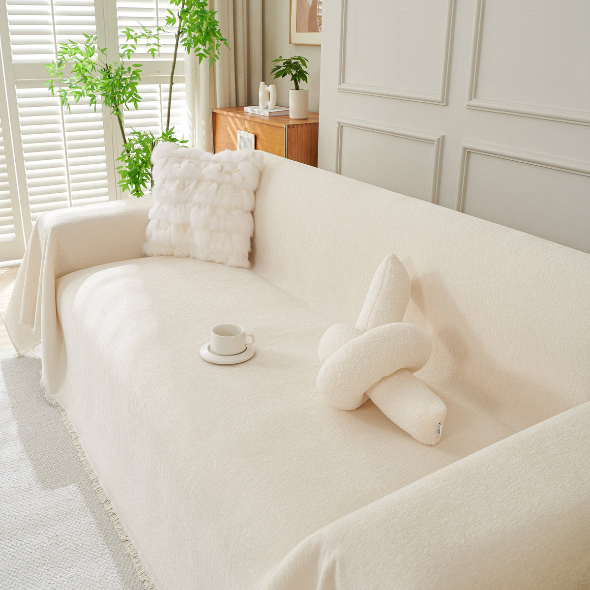 Solid Color Chenille Sofa Throw Blanket, Cozy & Easy Care Fringed Furniture Protector