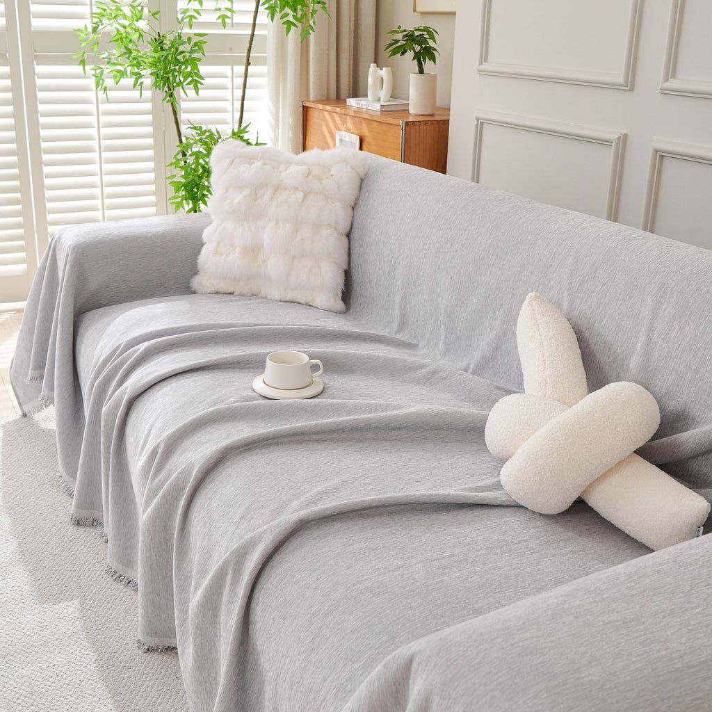 Solid Color Chenille Sofa Throw Blanket, Cozy & Easy Care Fringed Furniture Protector