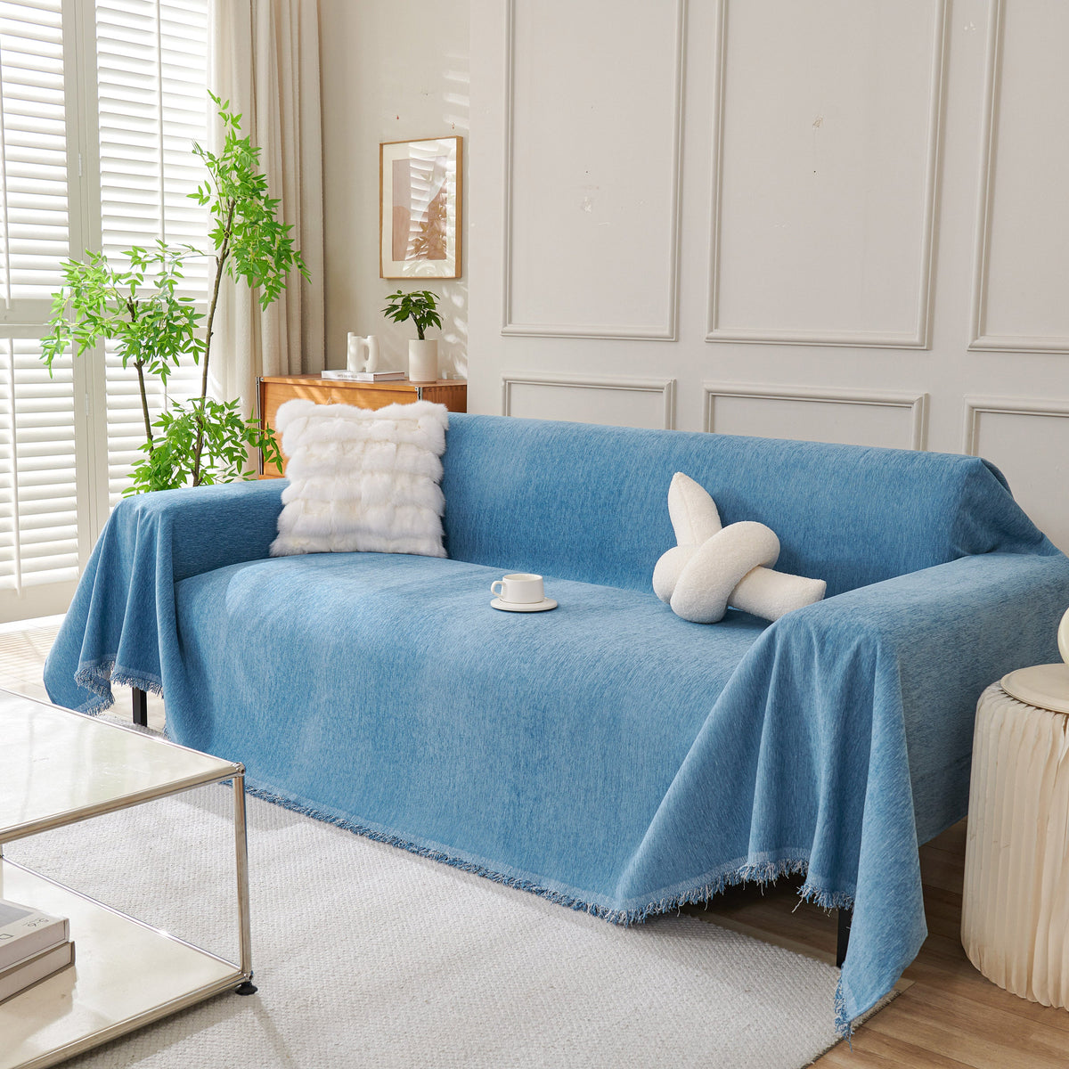 Solid Color Chenille Sofa Throw Blanket, Cozy & Easy Care Fringed Furniture Protector