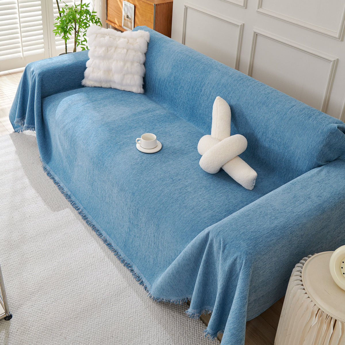 Solid Color Chenille Sofa Throw Blanket, Cozy & Easy Care Fringed Furniture Protector