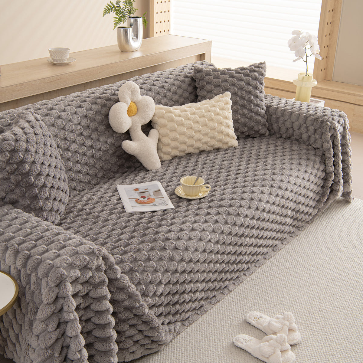 Thick Plush Faux Fur Couch Cover Blanket Warm Fuzzy Blanket Couch Protector for Winter