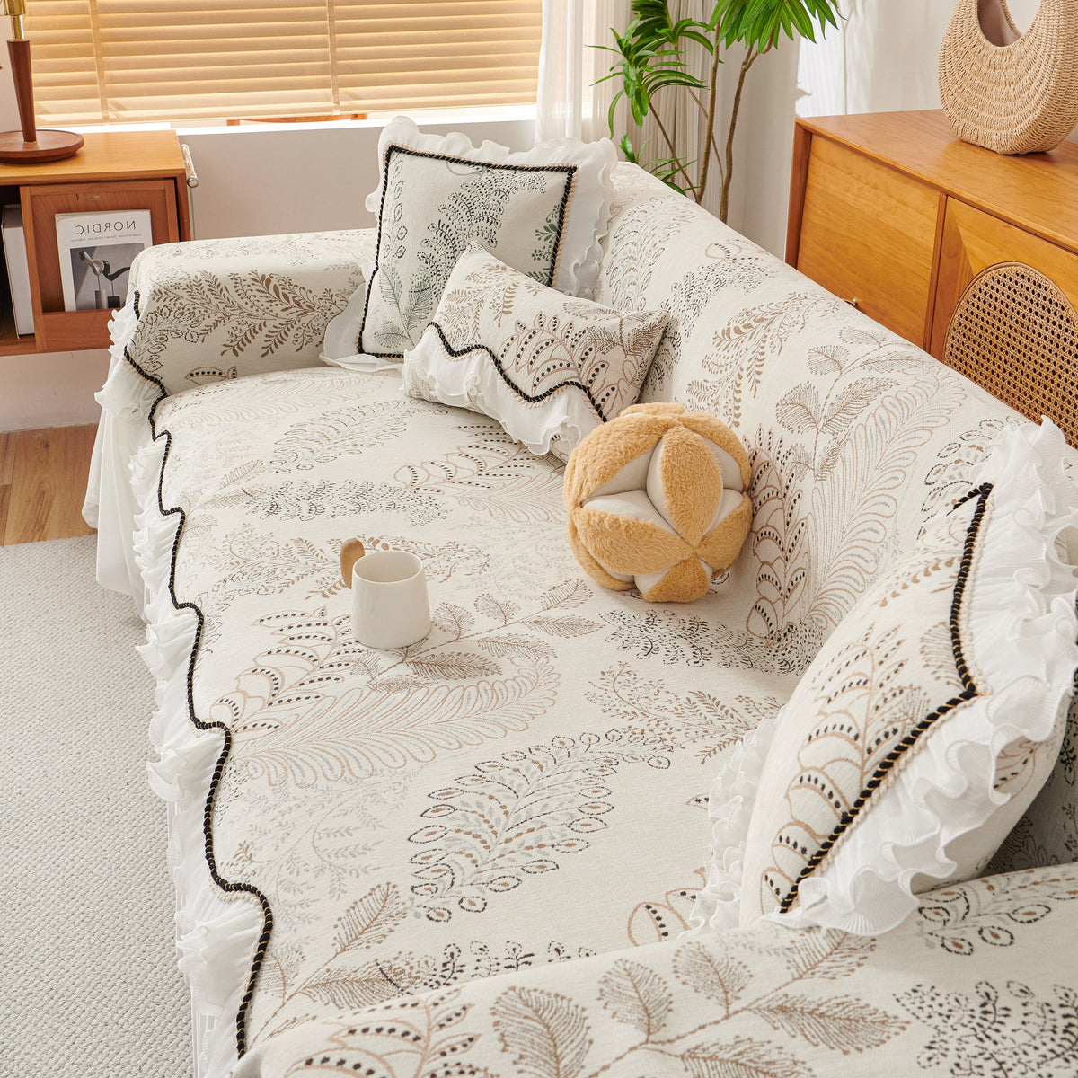 Farmhouse Ruffled Lace Sofa Slipcover Vintage Furniture Protector with Botanical Print