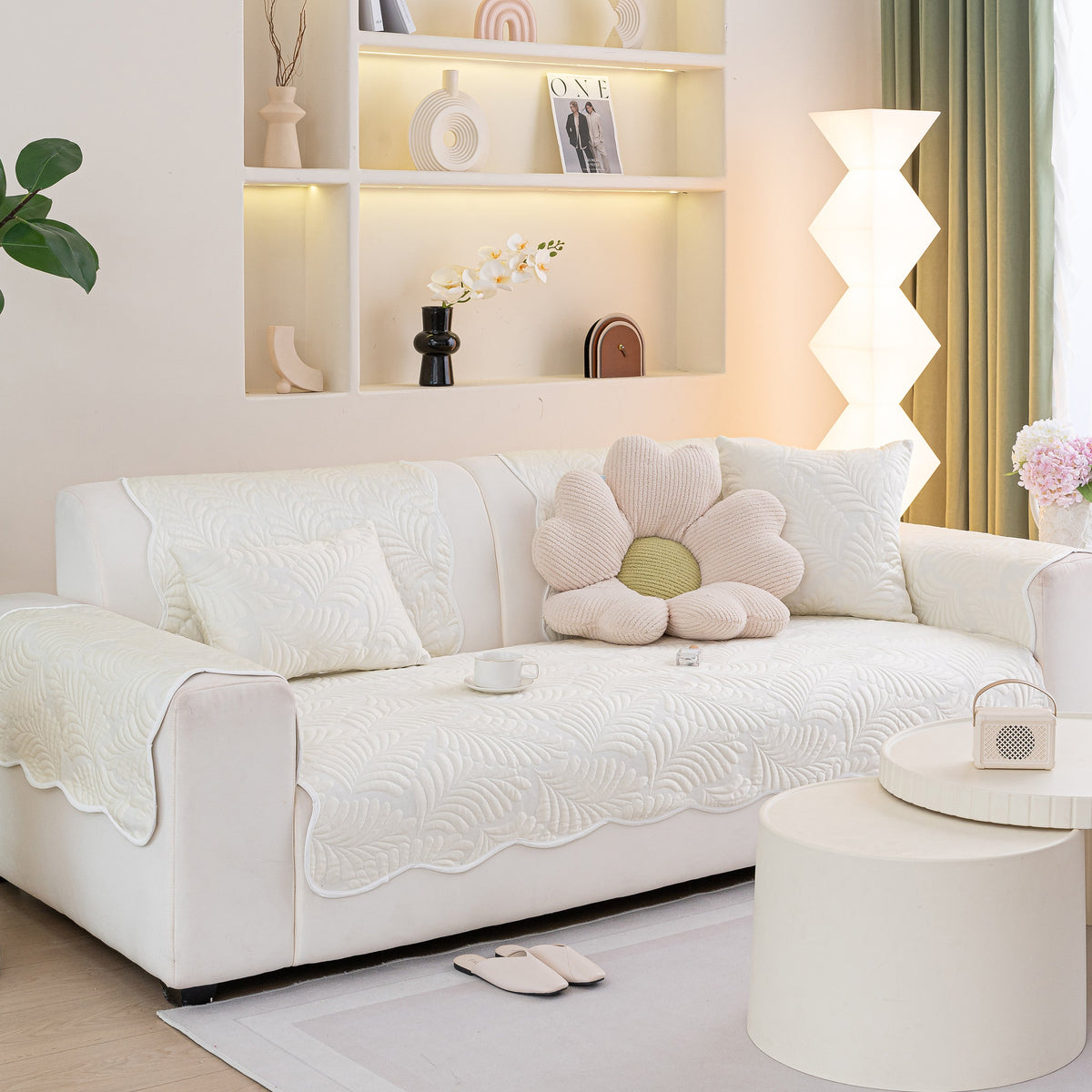 Sofa Cover for Leather & Fabric Couches, 3D Leaf Embossed Quilted Furniture Covers
