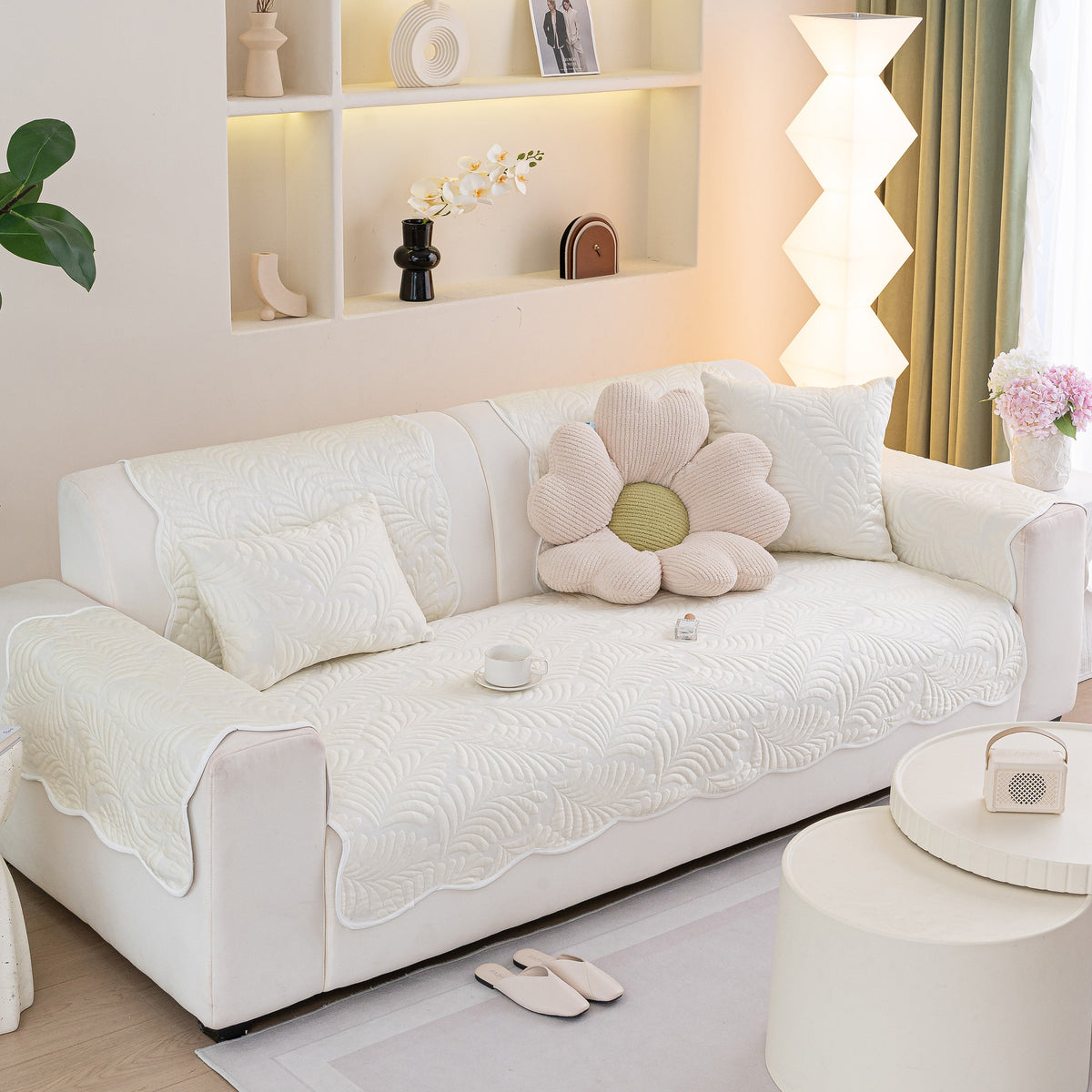 Sofa Cover for Leather & Fabric Couches, 3D Leaf Embossed Quilted Furniture Covers