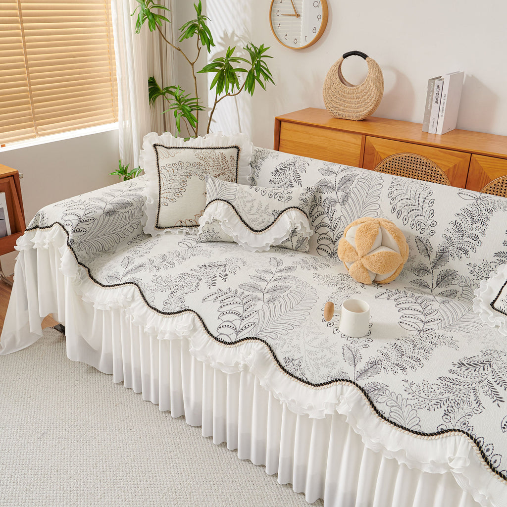 Farmhouse Ruffled Lace Sofa Slipcover Vintage Furniture Protector with Botanical Print