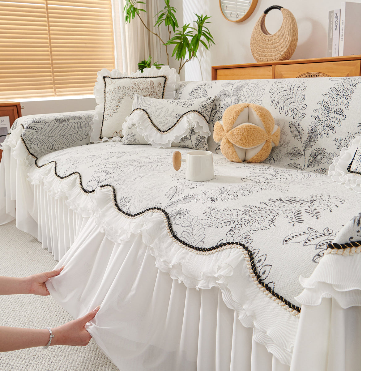 Farmhouse Ruffled Lace Sofa Slipcover Vintage Furniture Protector with Botanical Print