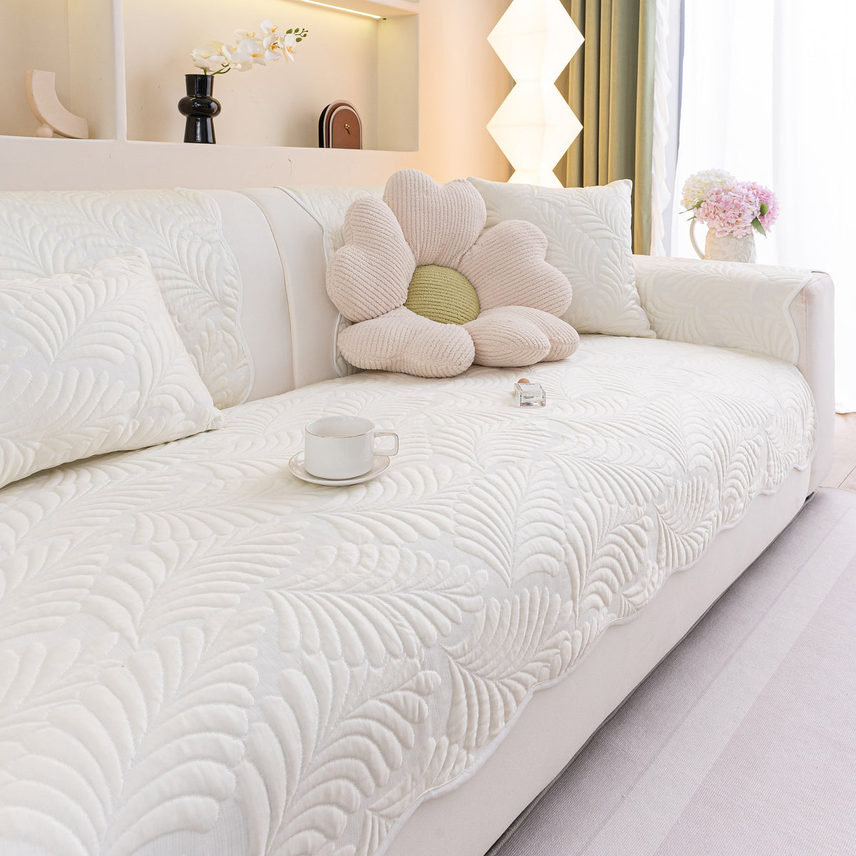 Sofa Cover for Leather & Fabric Couches, 3D Leaf Embossed Quilted Furniture Covers
