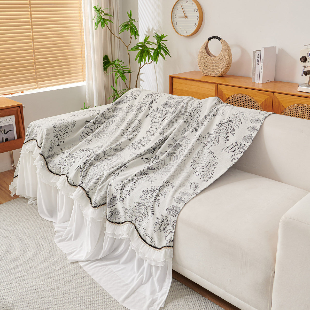 Farmhouse Ruffled Lace Sofa Slipcover Vintage Furniture Protector with Botanical Print
