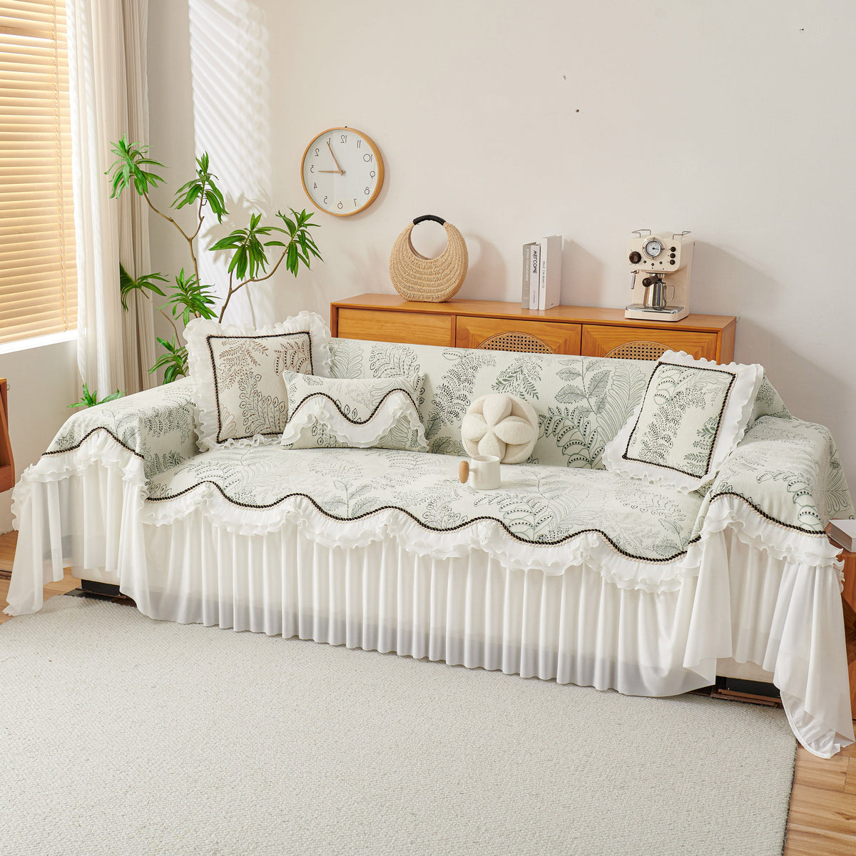 Farmhouse Ruffled Lace Sofa Slipcover Vintage Furniture Protector with Botanical Print