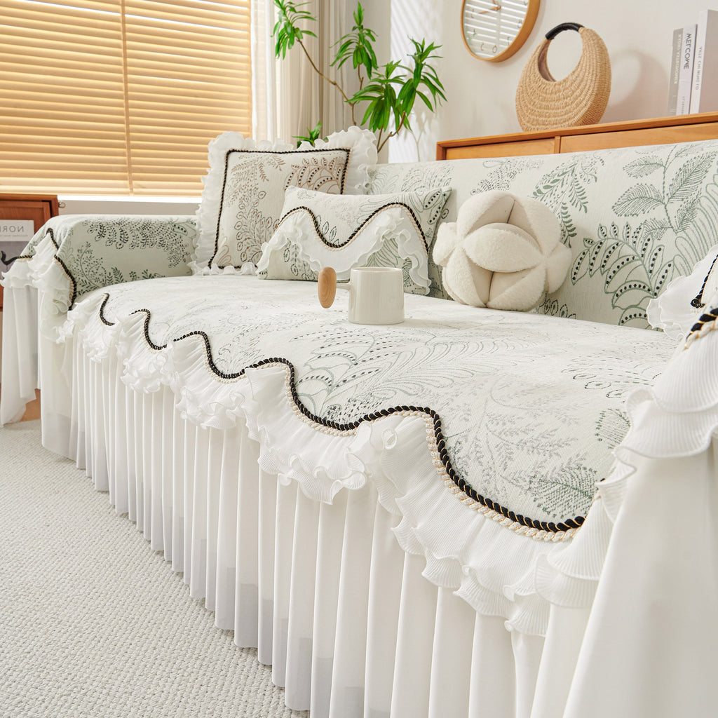 Farmhouse Ruffled Lace Sofa Slipcover Vintage Furniture Protector with Botanical Print