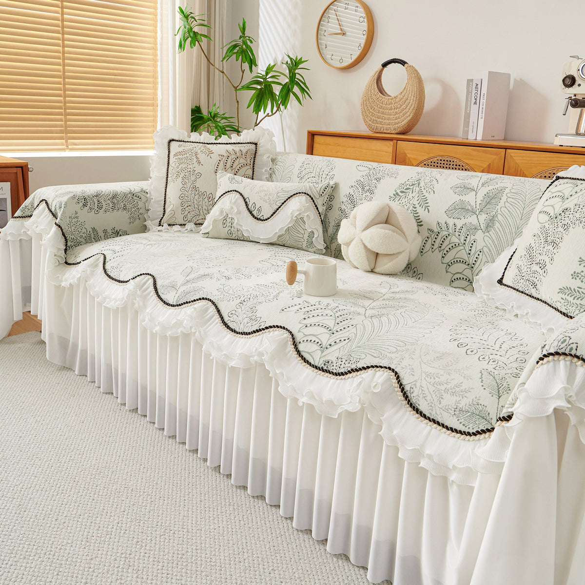 Farmhouse Ruffled Lace Sofa Slipcover Vintage Furniture Protector with Botanical Print