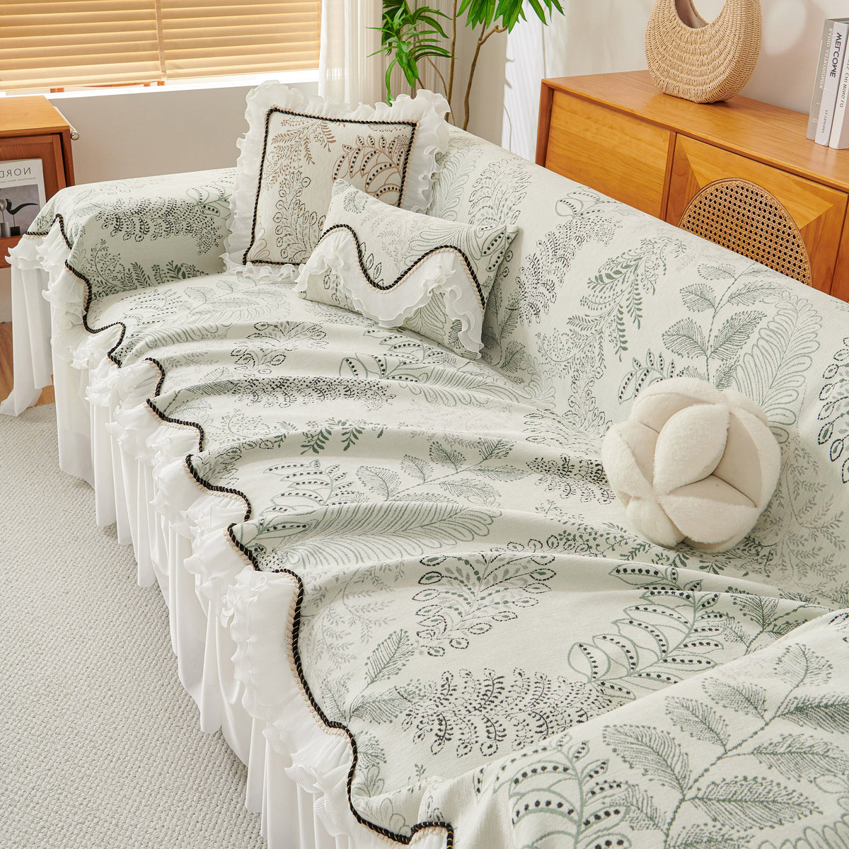 Farmhouse Ruffled Lace Sofa Slipcover Vintage Furniture Protector with Botanical Print