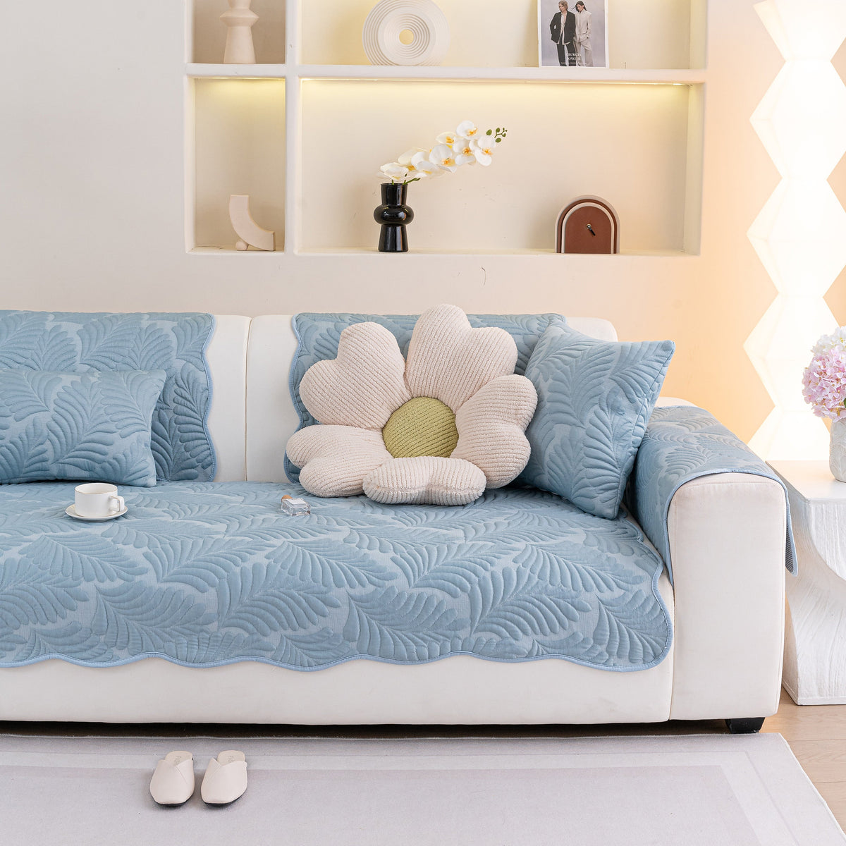 Sofa Cover for Leather & Fabric Couches, 3D Leaf Embossed Quilted Furniture Covers