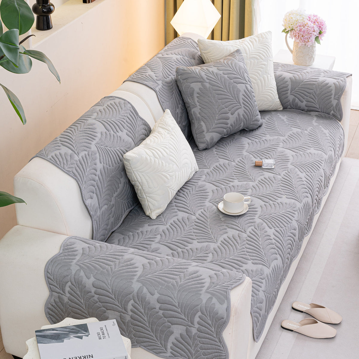 Sofa Cover for Leather & Fabric Couches, 3D Leaf Embossed Quilted Furniture Covers