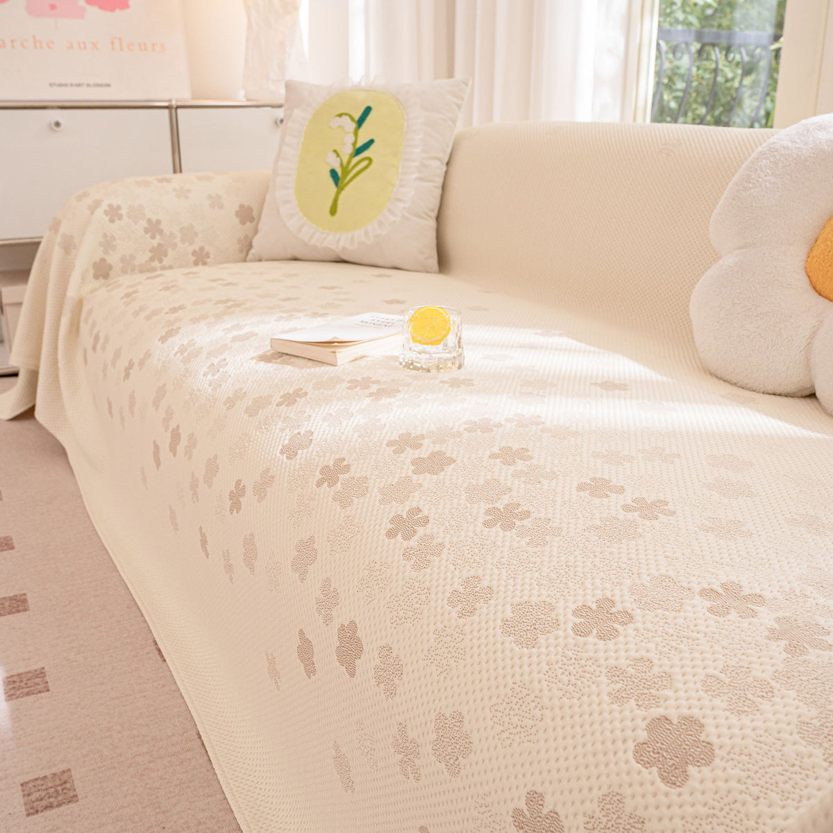 Cooling Ice Silk Sofa Cover Blanket, Floral Soft Silky Breathable Couch Throw Cover
