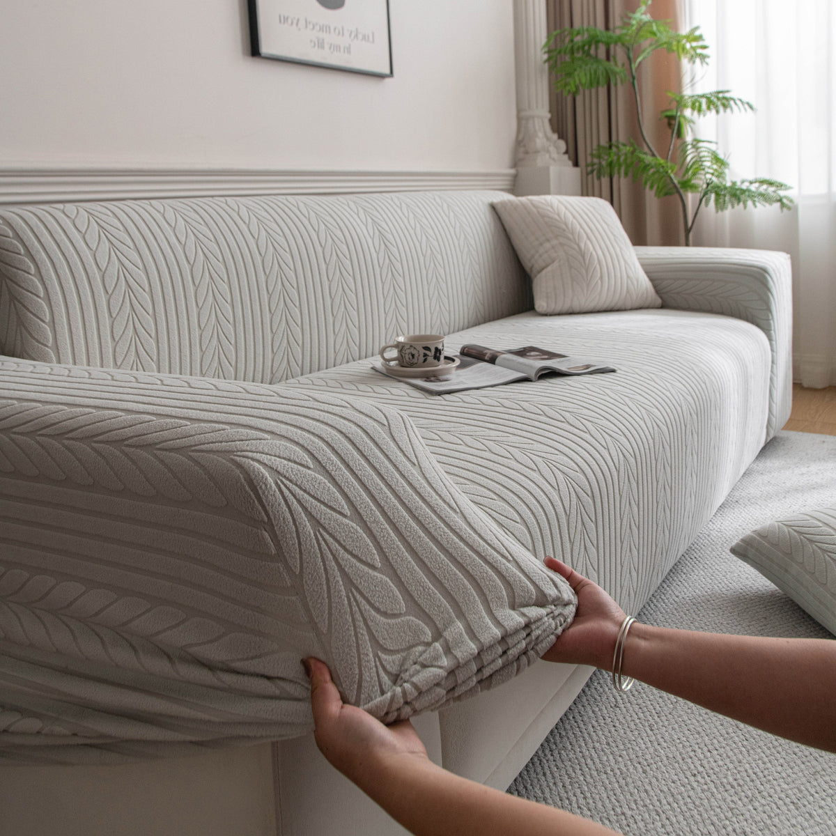 Plush Fleece Sofa Slipcover with 3D Wheat Pattern, Cozy High-Stretch Couch Cover