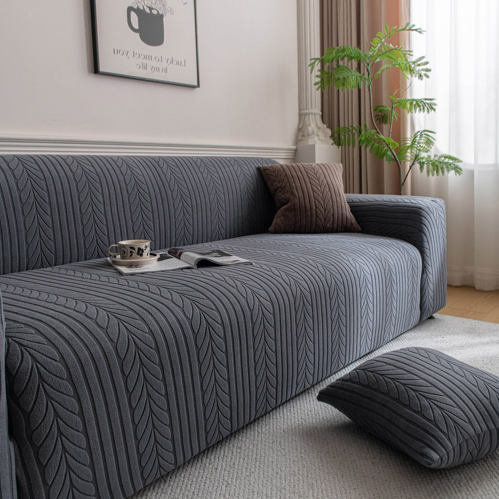 Plush Fleece Sofa Slipcover with 3D Wheat Pattern, Cozy High-Stretch Couch Cover