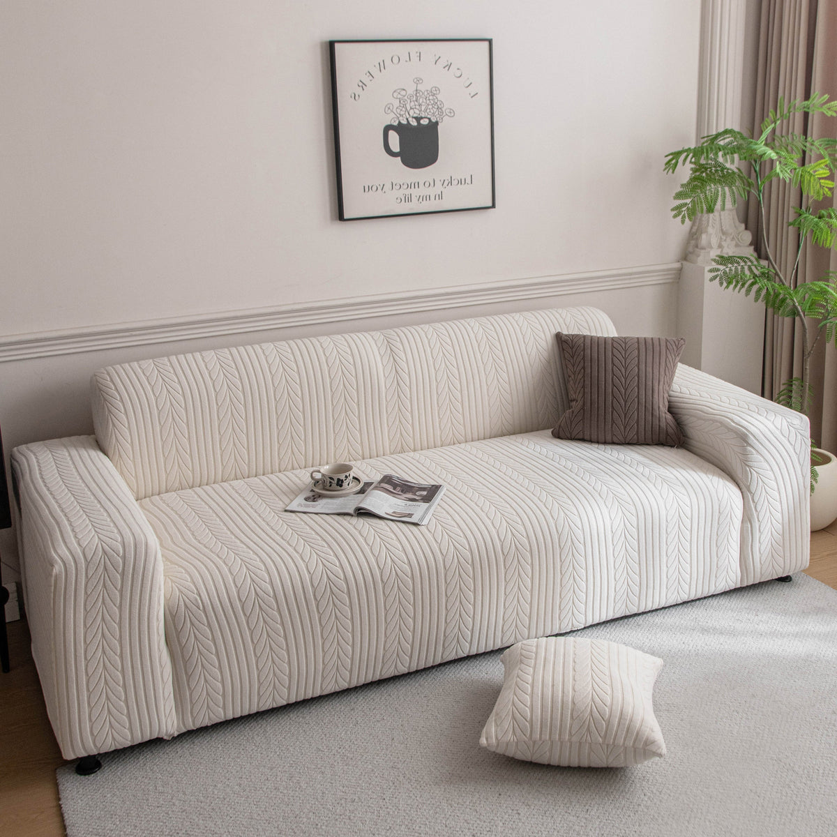 Plush Fleece Sofa Slipcover with 3D Wheat Pattern, Cozy High-Stretch Couch Cover