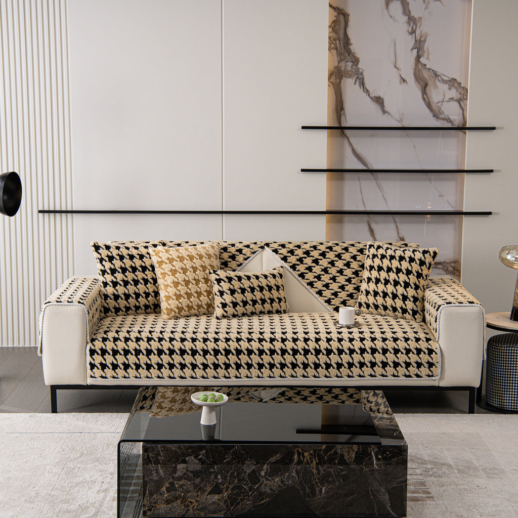 Winter Thickened Sherpa Fleece Houndstooth Sofa Cushion, Non-slip Sofa Cover with Plush